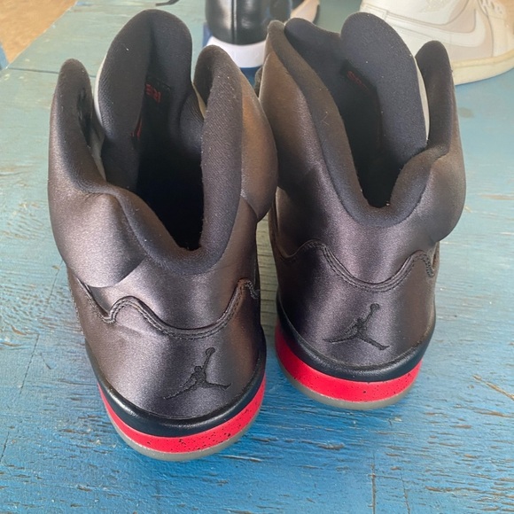 Jordan Black and Red Athletic Shoes Satin Air Jordan Retro 5 Nike